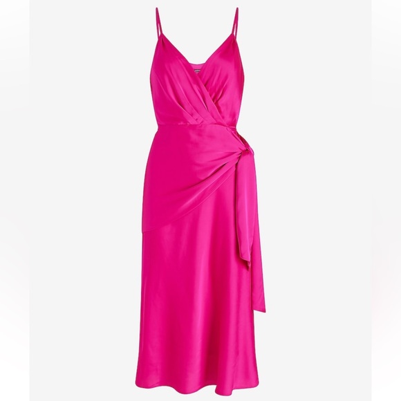 NWT Express XL Satin V-Neck Sleeveless Tie Waist Surplice Berry Neon Midi Dress - Picture 2 of 3